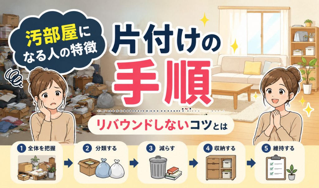 散らかった汚部屋に悩む女性と、片付けてきれいになった部屋で喜ぶ女性を比較し、片付けの手順を紹介したイラスト