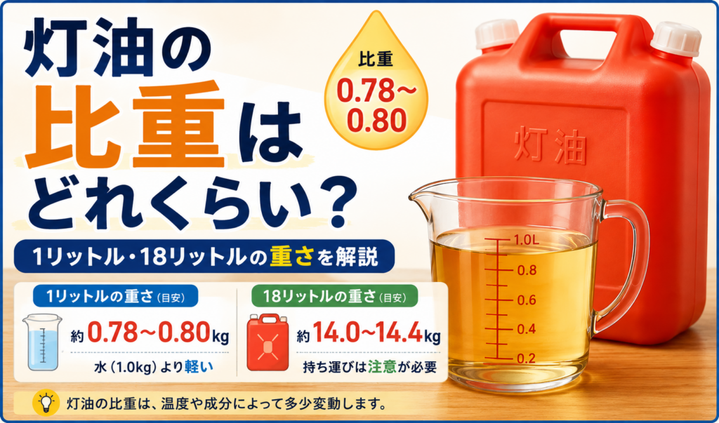 灯油の比重0.78～0.80と、1リットル・18リットルあたりの重さを解説したイラスト