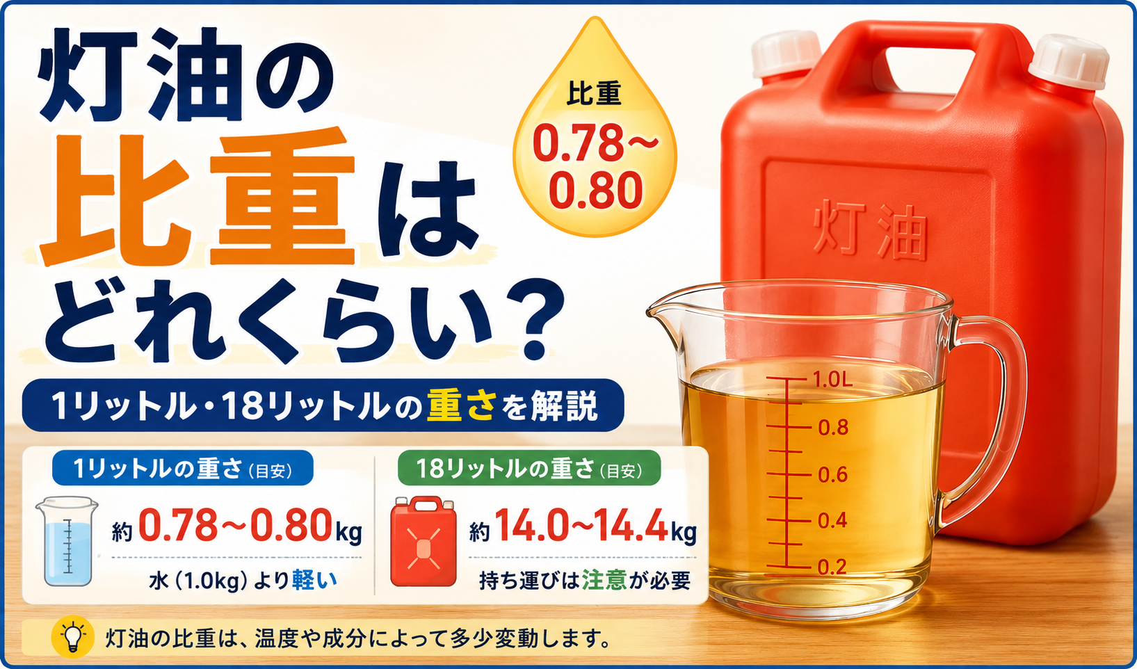 灯油の比重0.78～0.80と、1リットル・18リットルあたりの重さを解説したイラスト