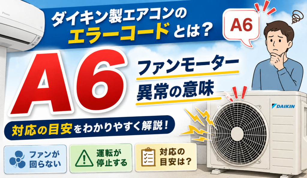 ダイキン製エアコンのエラーコードA6とファンモーター異常の意味・対応の目安を解説するサムネイル画像