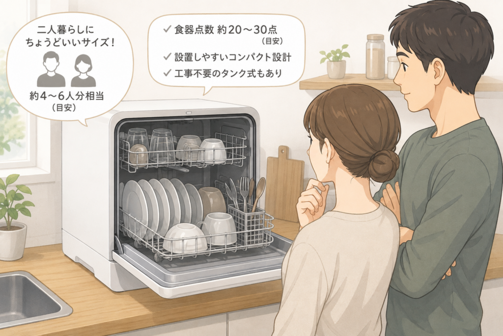 二人暮らし向けのコンパクトな食洗機に食器が収納され、夫婦が容量やサイズを確認しているイメージイラスト