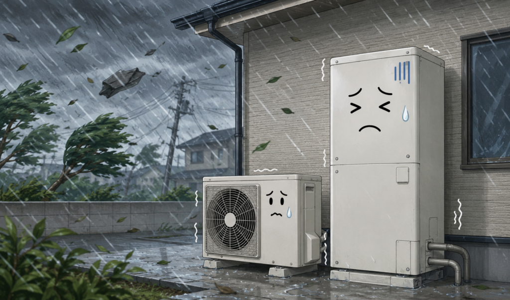 台風の強い雨風にさらされ、困った表情をしているエコキュートのイメージイラスト