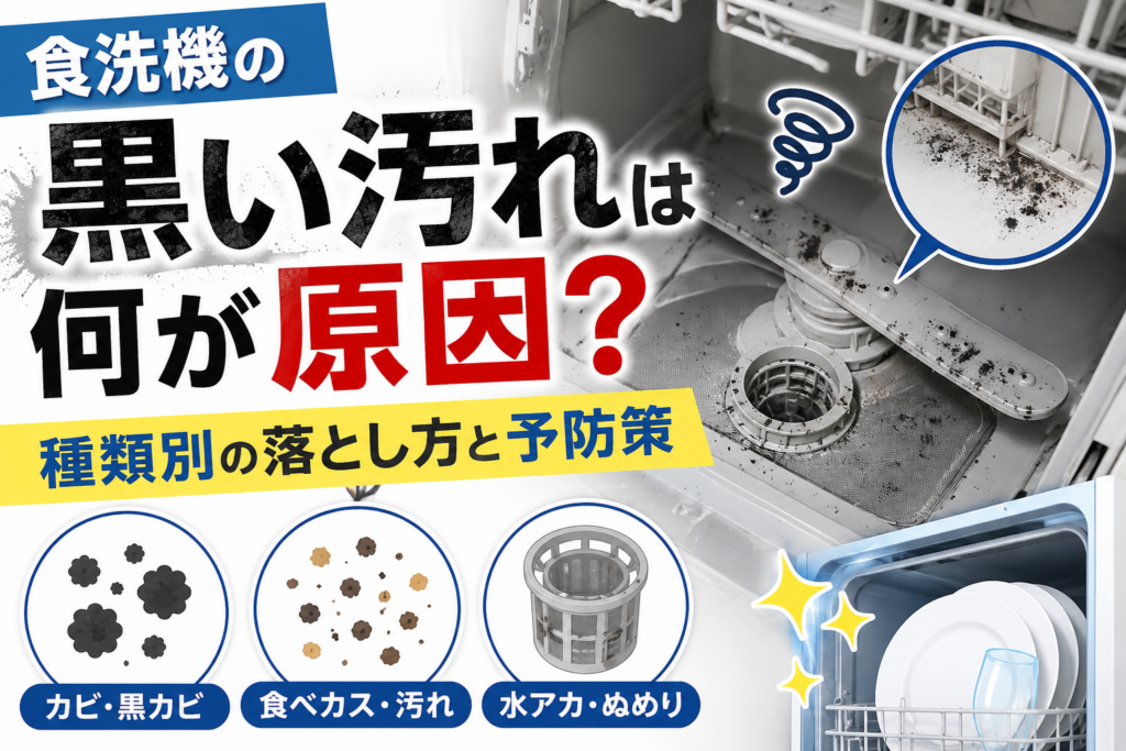 食洗機の庫内に付着した黒い汚れと、カビや食べカスなどの原因を示したサムネイル画像