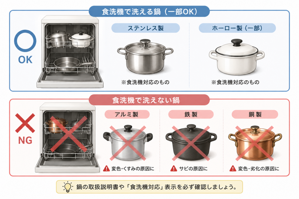 食洗機で洗えるステンレス製・一部のホーロー製の鍋と、食洗機では洗えないアルミ製・鉄製・銅製の鍋を比較したイラスト