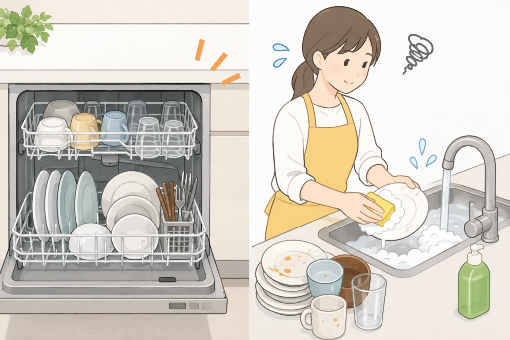 食洗機で食器を洗う場合と、シンクで食器を手洗いする場合を比較したイメージイラスト