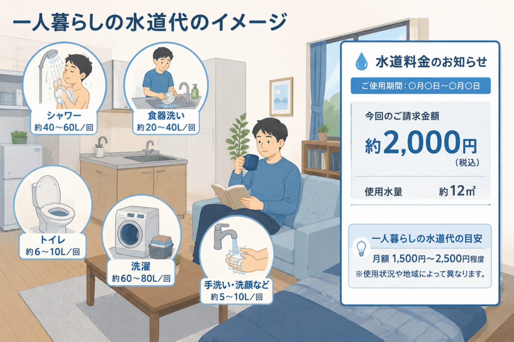 一人暮らしの室内で、シャワーや洗濯、トイレなどの水の使用と水道代をイメージしたイラスト