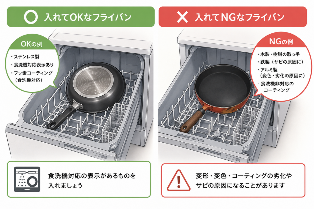食洗機に入れてよいフライパンと入れてはいけないフライパンの違いを比較したイラスト