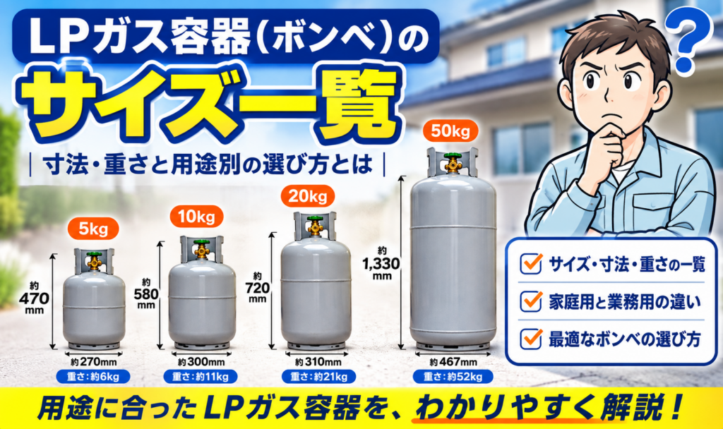 サイズの異なるLPガス容器（ボンベ）を並べ、寸法・重さと用途別の選び方を紹介するサムネイル画像