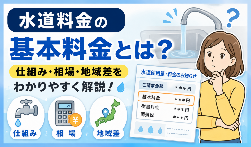 水道料金の基本料金について、仕組み・相場・地域差を請求書や蛇口のイラストとともに解説するサムネイル画像