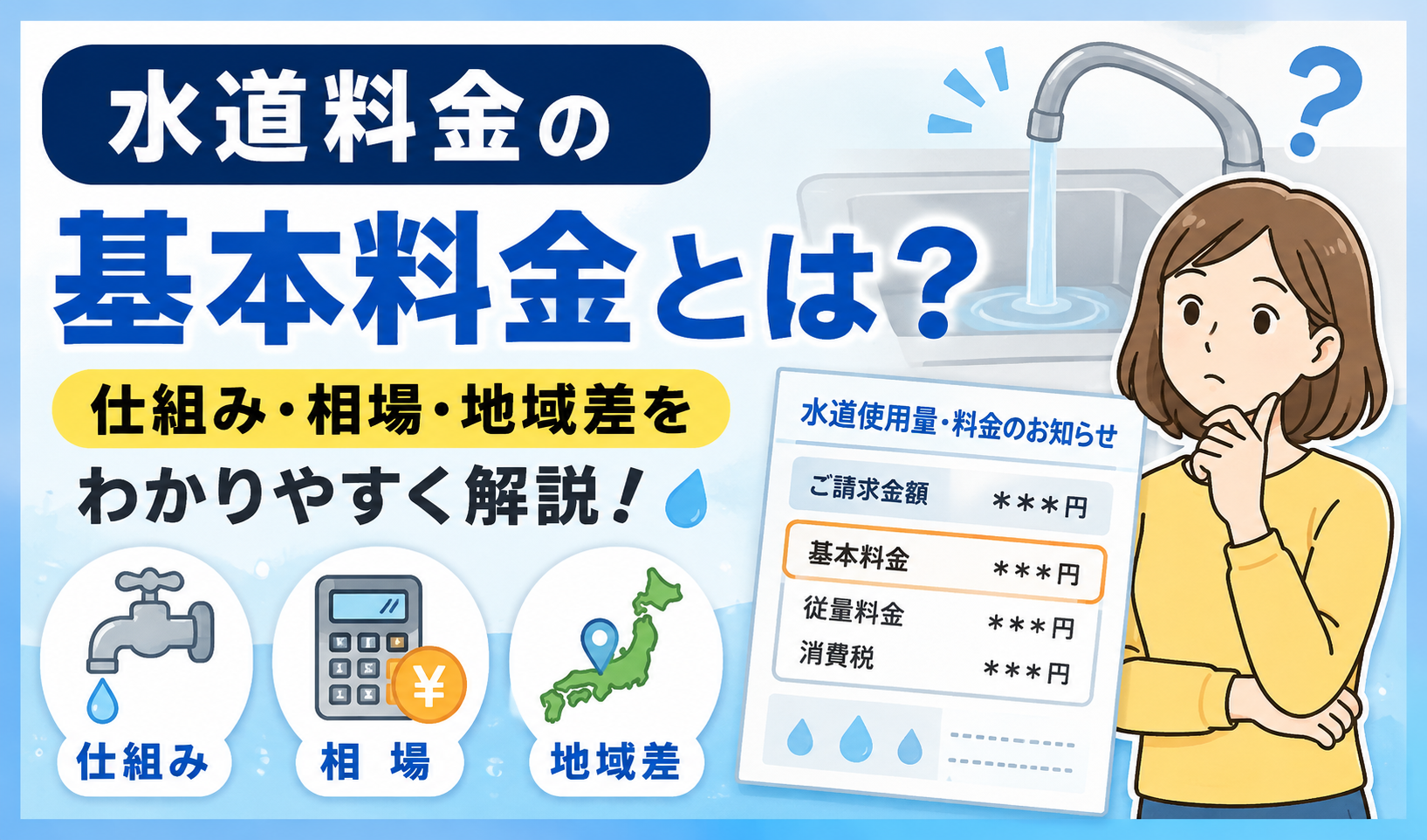 水道料金の基本料金について、仕組み・相場・地域差を請求書や蛇口のイラストとともに解説するサムネイル画像