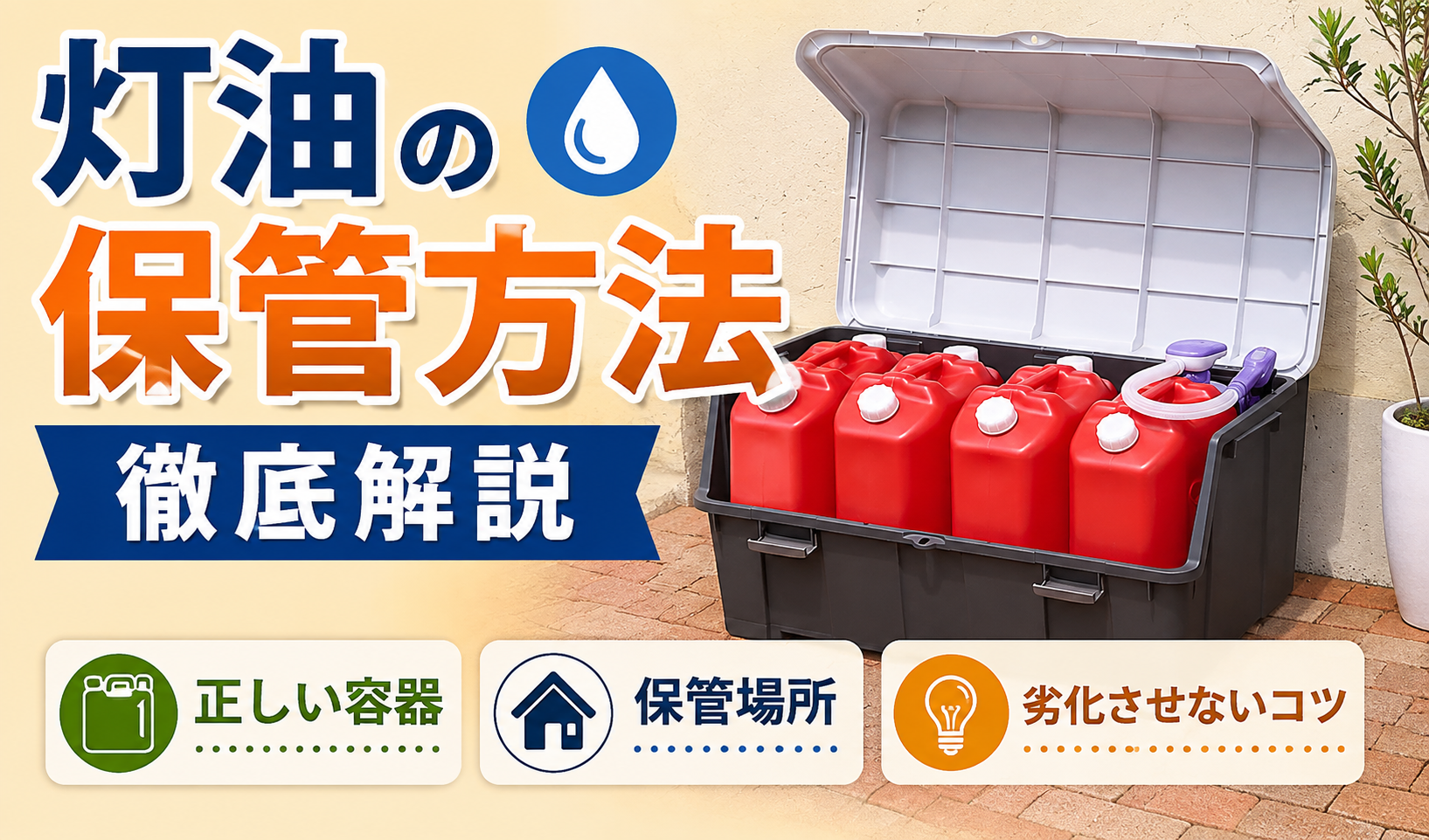 屋外の収納ボックスに灯油用ポリタンクを保管している様子と、正しい保管方法を紹介するイラスト