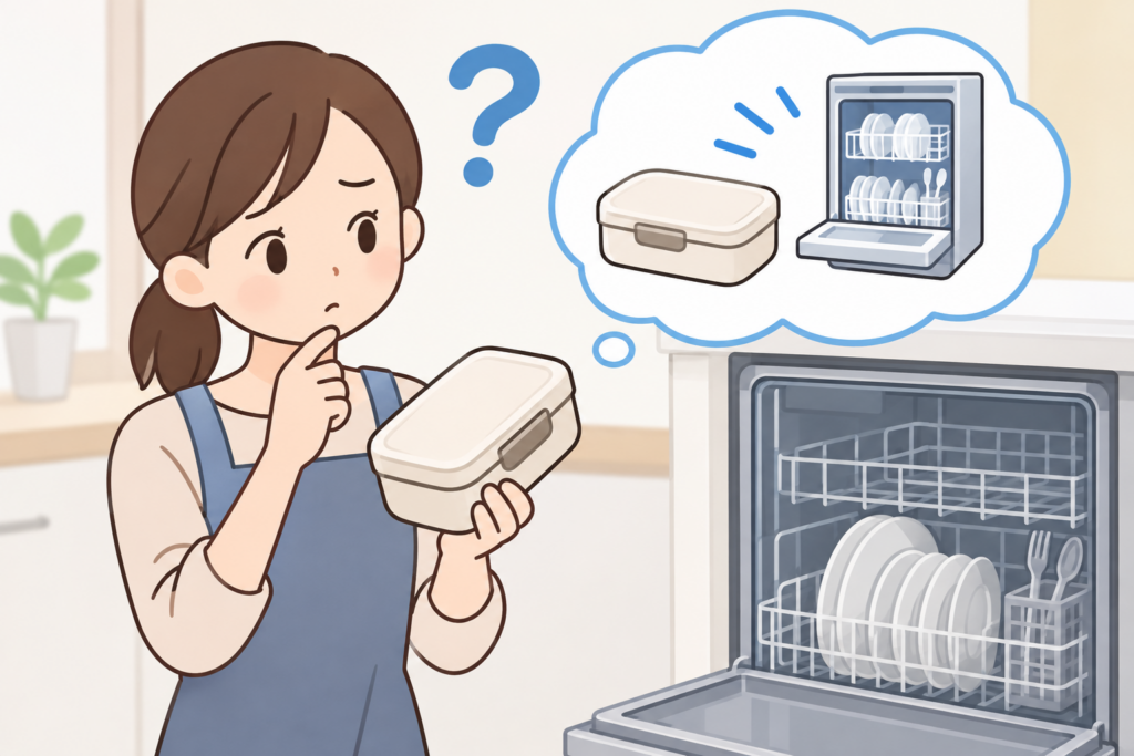 食洗機で弁当箱を洗えるか悩みながら、弁当箱を手にして食洗機を見ている女性のイラスト