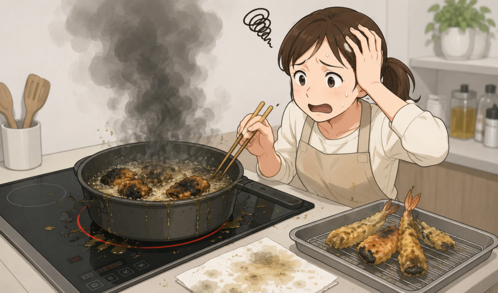 IHコンロで揚げ物をして焦がしてしまい、煙が出る鍋を前に困っている人物のイラスト