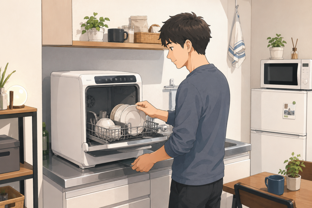 一人暮らしのキッチンで卓上型の食洗機に食器を入れて使用している男性のイラスト