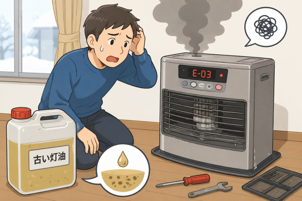 古い灯油を使用したことでストーブが故障し、困っている男性のイメージイラスト
