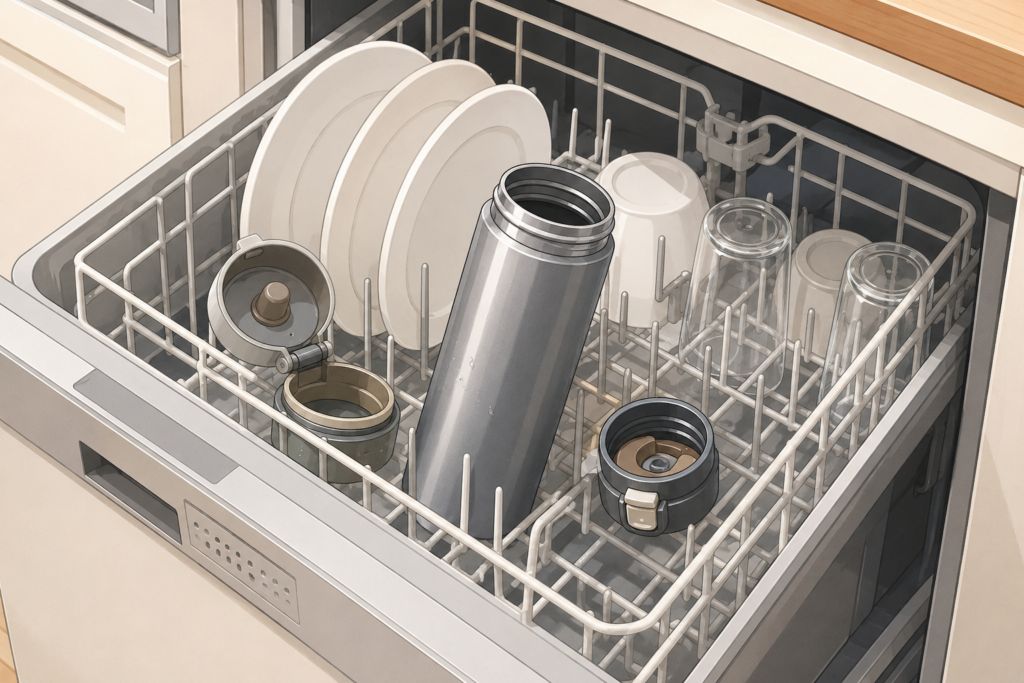 食洗機の中に、蓋とキャップを開けた状態の水筒を入れて洗っている様子のイラスト