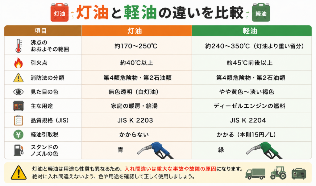 灯油と軽油の沸点・引火点・消防法上の分類・色・用途・JIS規格・軽油引取税・給油ノズルの色の違いを比較したイラスト
