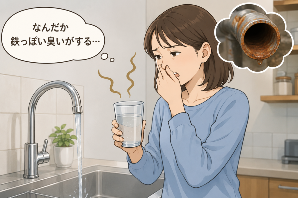 水道水から鉄っぽい臭いを感じ、コップの水の臭いを確認しながら心配している女性のイラスト