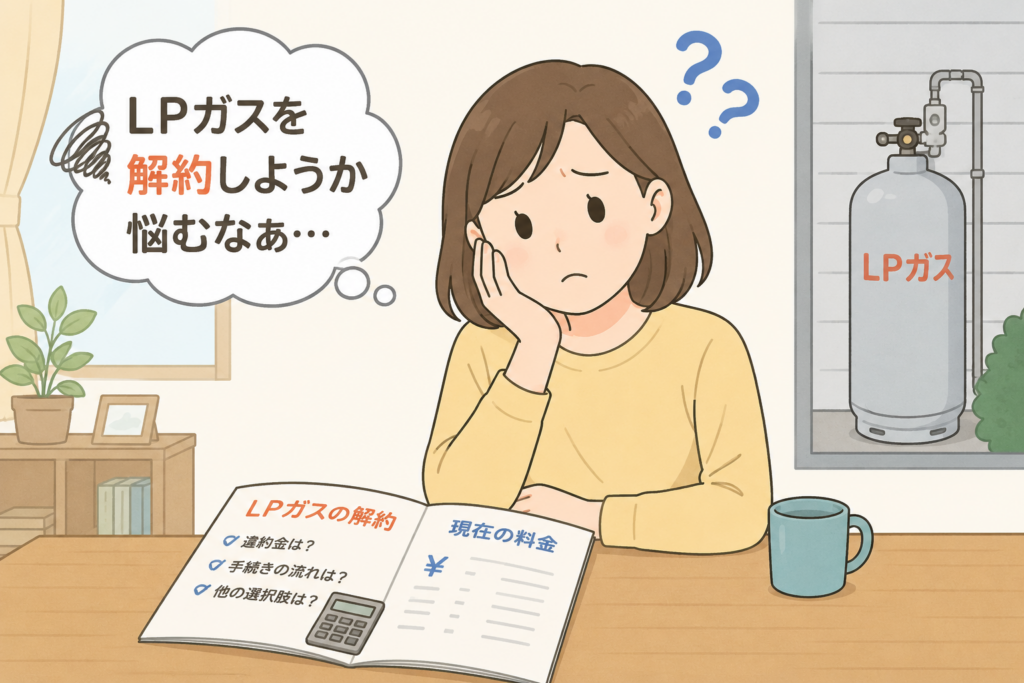 LPガスを解約するか悩みながら、料金や手続きについて考えている女性のイラスト