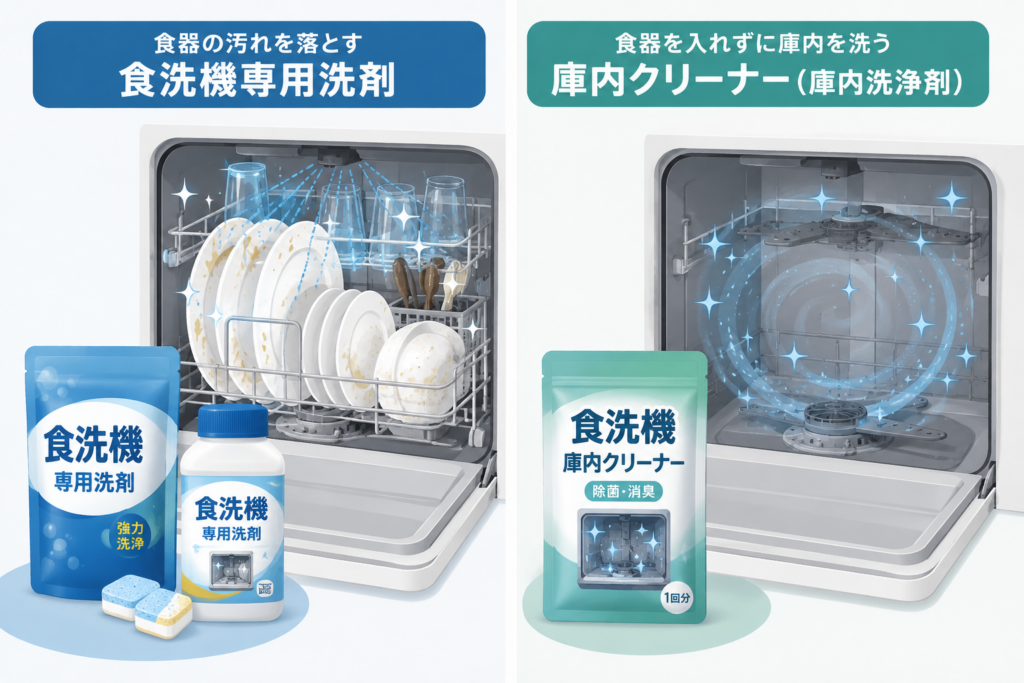食器の汚れを落とす食洗機専用洗剤と、食器を入れずに庫内を洗浄する庫内クリーナーの違いを示したイラスト