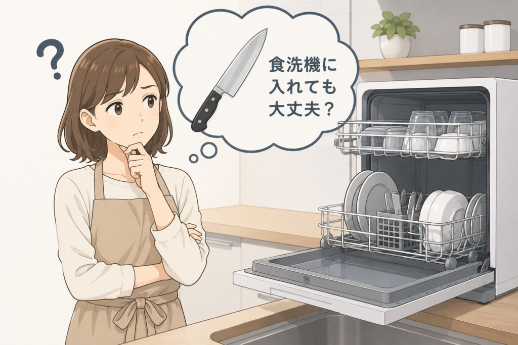食洗機に包丁を入れても大丈夫か悩みながら、開いた食洗機を見ている女性のイラスト
