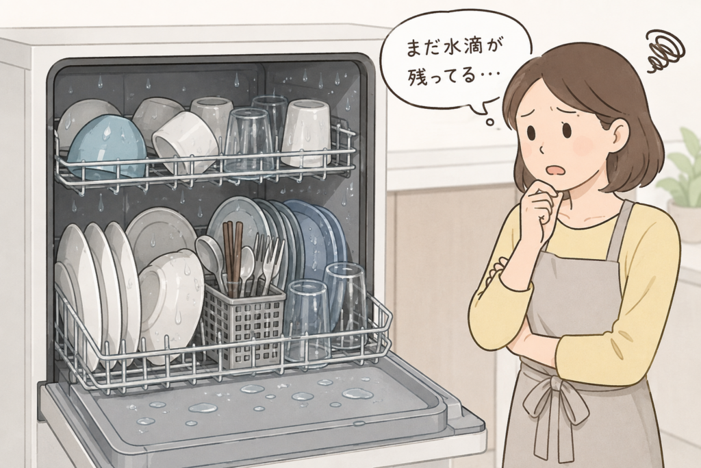 食洗機の運転後も食器や庫内に水滴が残り、乾き残りを心配している女性のイラスト