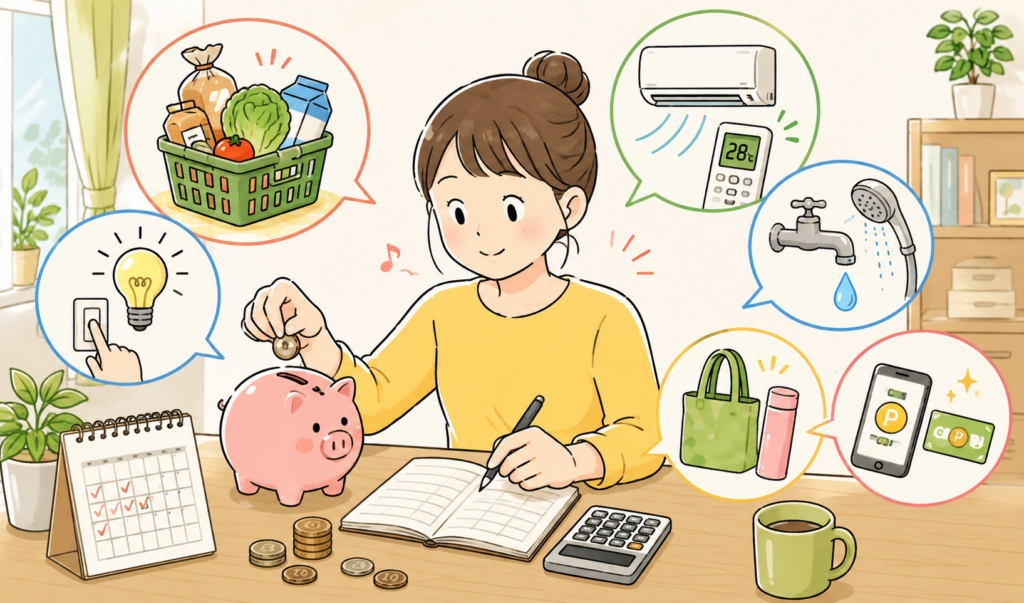 家計簿をつけながら貯金箱にお金を入れ、電気・水道・買い物など日常生活で節約に取り組む女性のイラスト