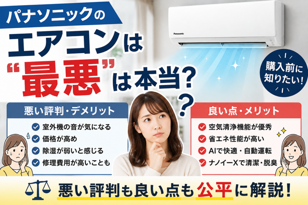 パナソニックのエアコンは最悪という評判について、悪い評判・デメリットと良い点を比較しながら公平に解説するサムネイル画像