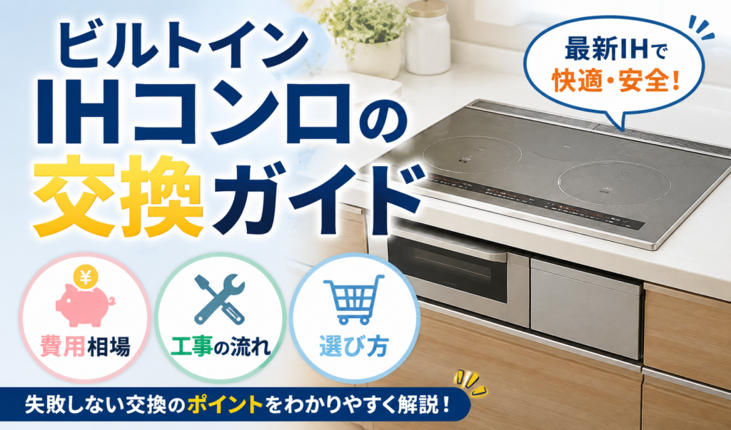 ビルトインIHコンロの交換について、費用相場・工事の流れ・選び方を紹介するイメージ画像