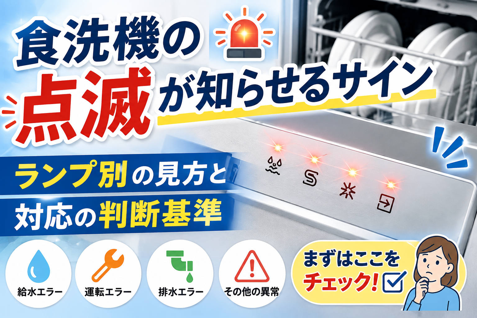 食洗機のランプが点滅し、異常やエラーのサインを知らせている様子を表したイメージ画像