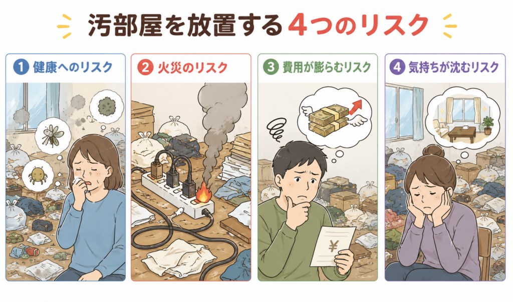 汚部屋を放置する4つのリスクを示したイラスト