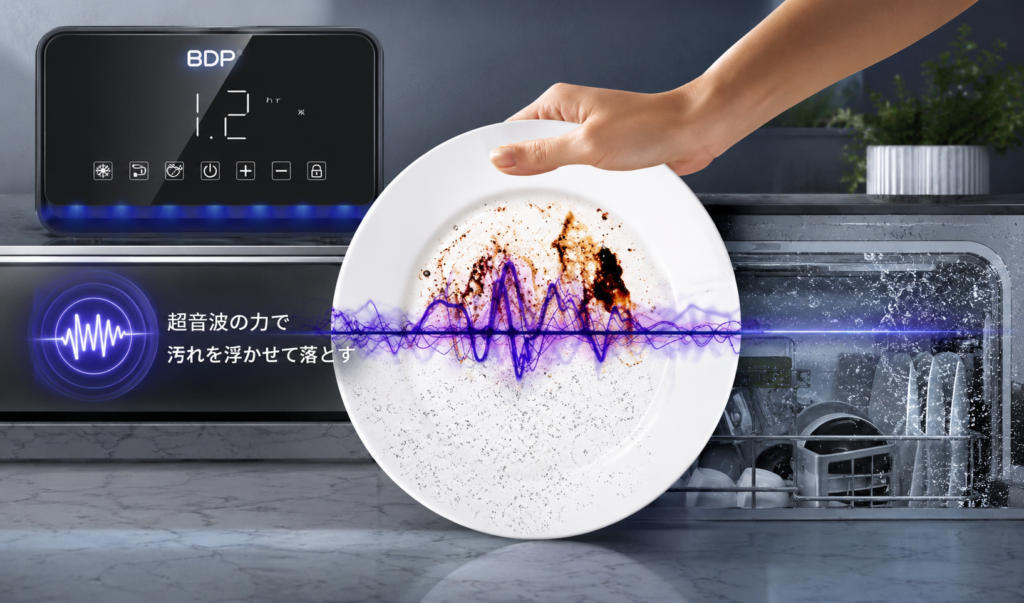 超音波の力で食器の汚れを浮かせて落とす仕組みを表現した食洗機のイメージ