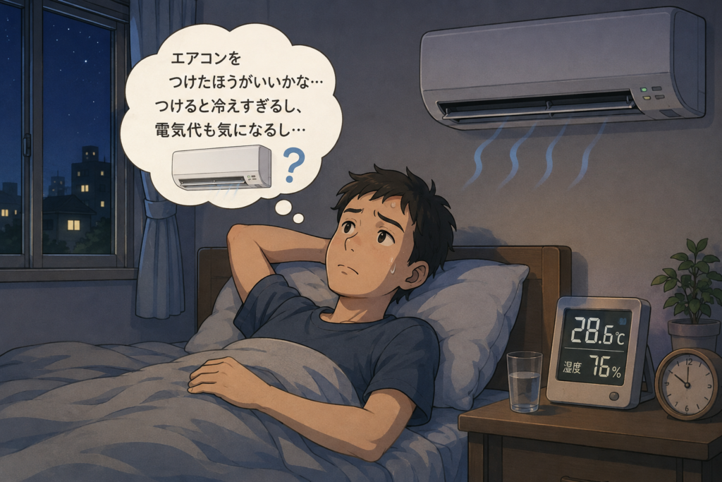 寝苦しい夜に、ベッドでエアコンをつけようか悩んでいる男性のイメージイラスト