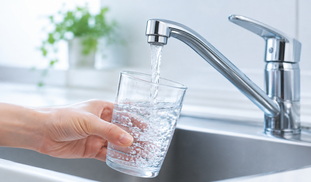 キッチンの蛇口から透明なコップに水道水を注いでいるイメージ