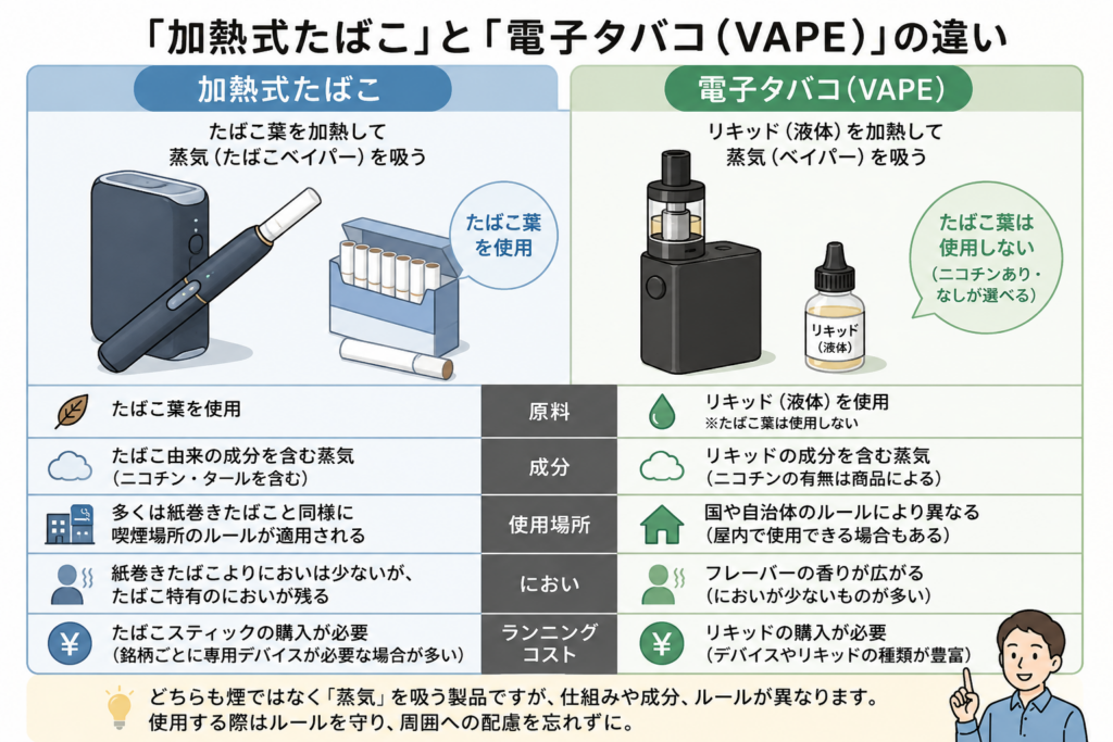 加熱式たばこと電子タバコ（VAPE）の原料・成分・使用場所・におい・ランニングコストの違いを比較したイラスト