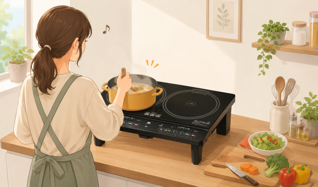 据え置き型の2口IHコンロに向かい、鍋をかき混ぜながら楽しく調理している女性のイラスト