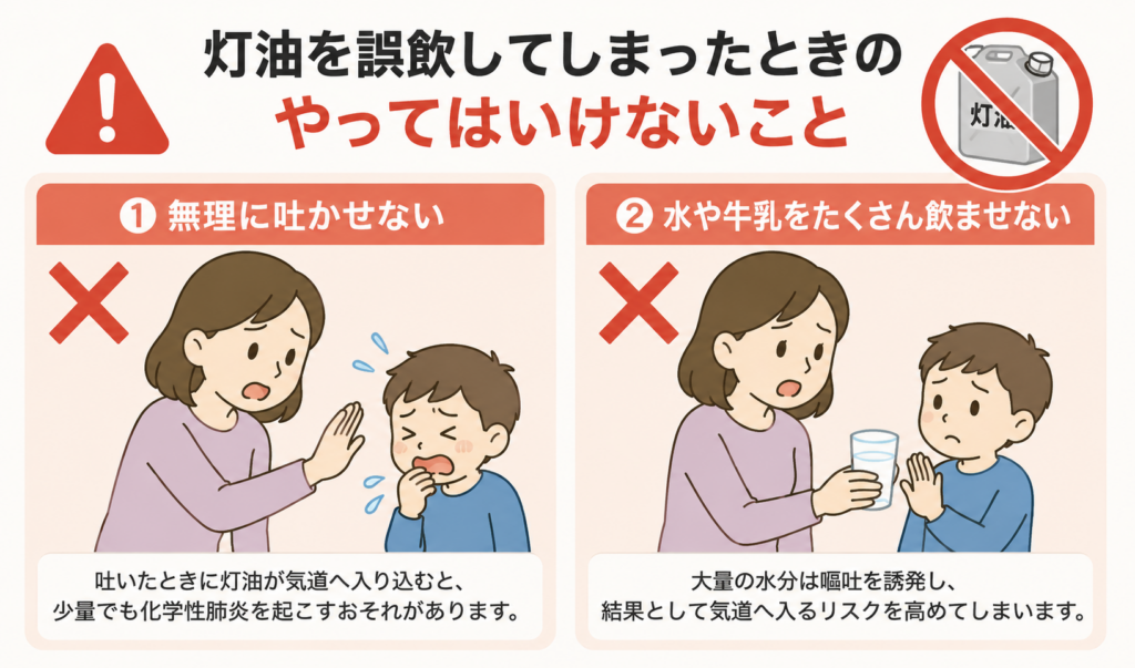 灯油を誤飲したときに、無理に吐かせたり大量の水や牛乳を飲ませたりしてはいけないことを示すイラスト
