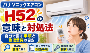 パナソニックエアコンのH52をリモコンで確認し、意味や対処法、修理費用の目安を調べている女性のサムネイル画像