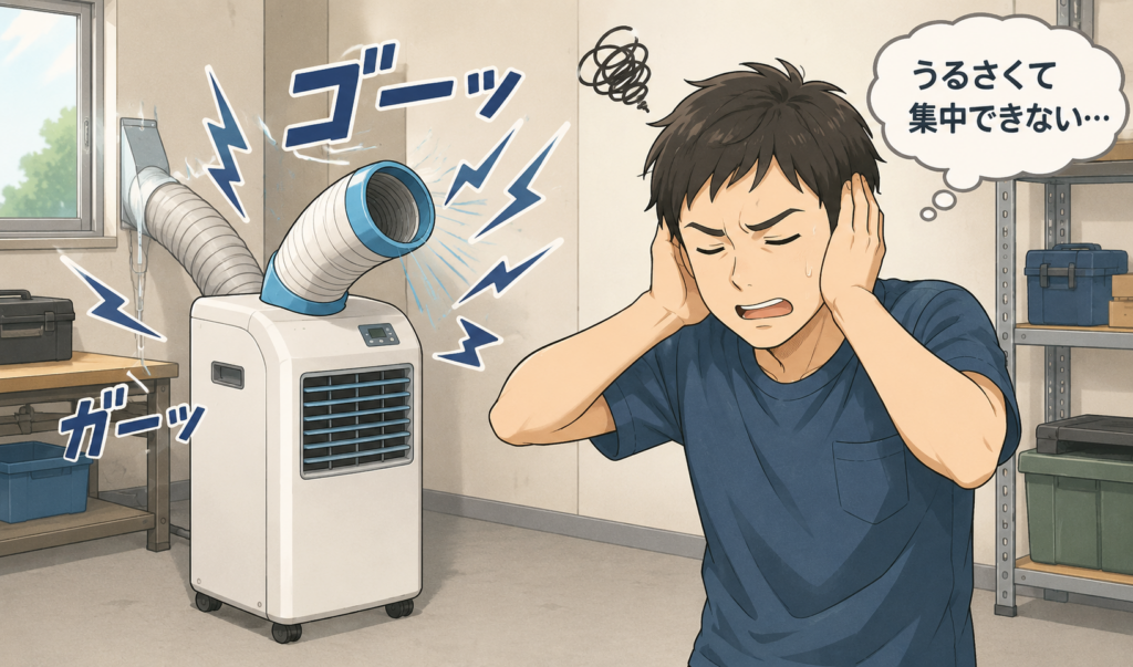 運転音がうるさいスポットクーラーのそばで耳をふさぎ、騒音に困っている男性のイラスト