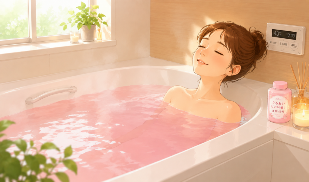 入浴剤を入れたお風呂に浸かり、リラックスして快適に過ごしている女性のイラスト