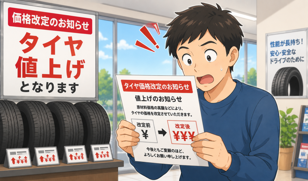 タイヤの値上げのお知らせを見て、価格上昇に驚いている男性のイメージイラスト
