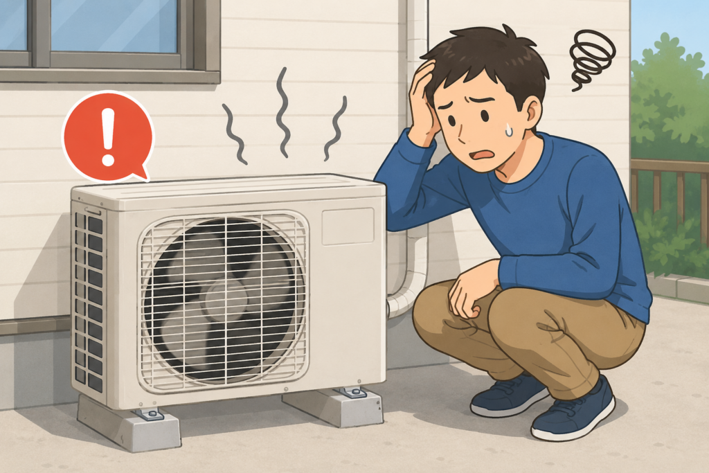 室外機のファンモーター異常が起きたエアコンを見ながら困っている男性のイメージイラスト