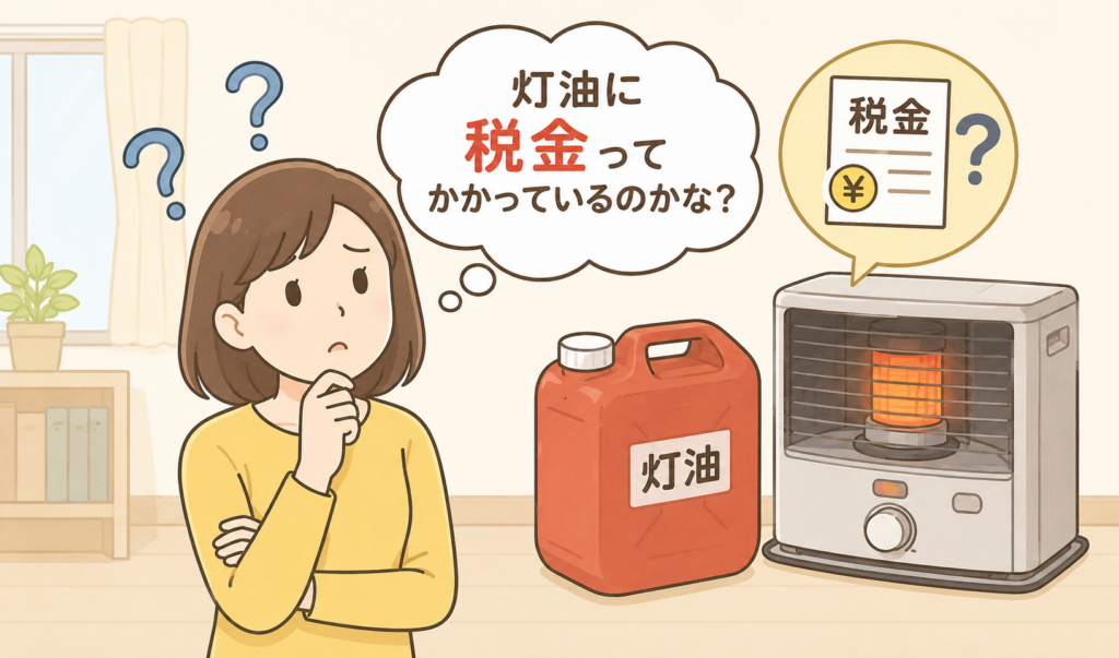 灯油に税金がかかっているのかわからず、灯油タンクと石油ストーブを前に疑問を感じている人のイラスト
