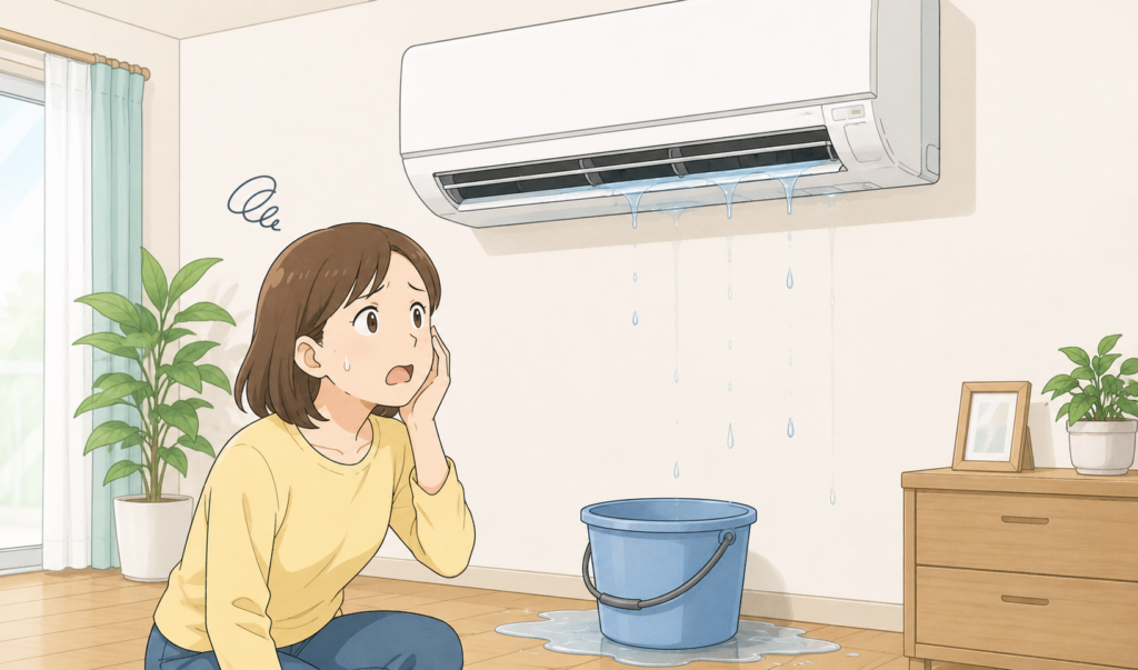 エアコン本体から水が漏れ、床に置いたバケツで水を受けながら困った表情で見つめている女性のイラスト