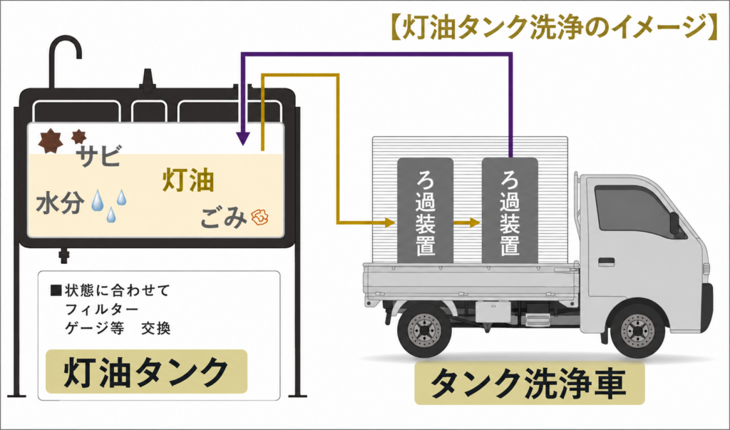 灯油タンク内のサビ・水分・ごみを、タンク洗浄車のろ過装置で除去する流れを示したイラスト