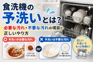予洗いが必要な汚れと不要な汚れの違いを、食洗機と食器で比較したイメージ画像