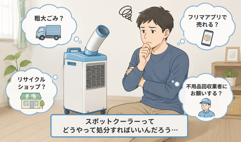スポットクーラーを前に、どのように処分すればよいか悩んでいる男性のイメージイラスト