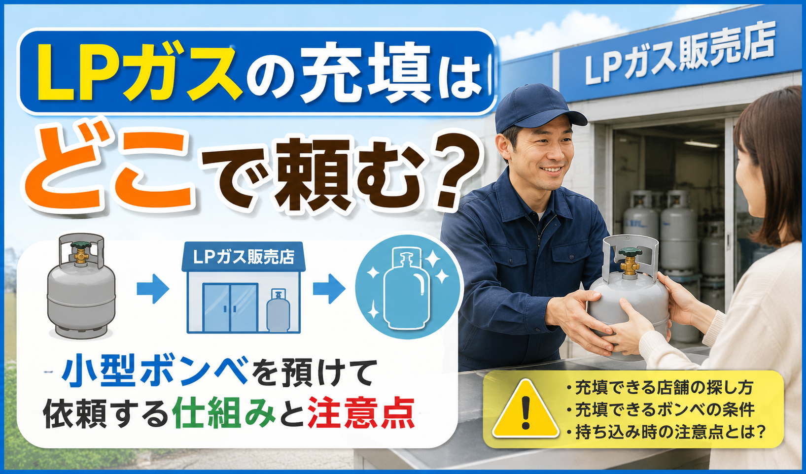 小型LPガスボンベをLPガス販売店に預けて充填を依頼する様子を紹介したイラスト