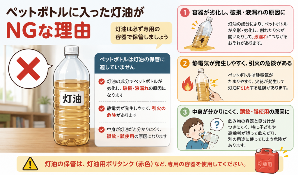 ペットボトルに灯油を入れることで、容器の劣化や液漏れ、引火、誤飲などの危険があることを示したイラスト