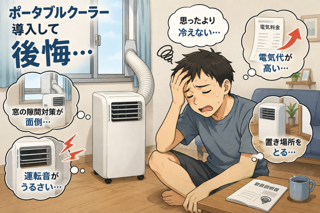 ポータブルクーラーを導入したものの、冷えにくさや運転音、電気代などに後悔している男性のイラスト